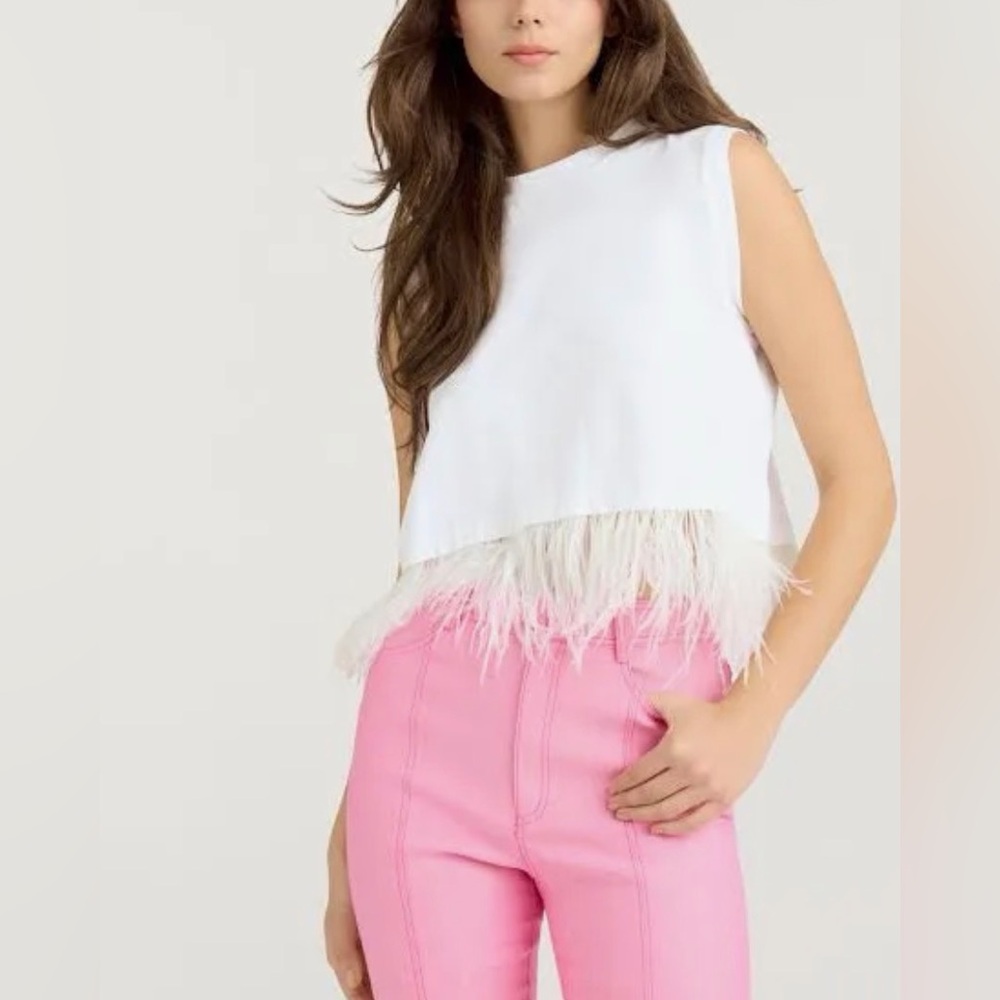 Cinq à Sept White Feather Trim Crop Top - Picture 4 of 5